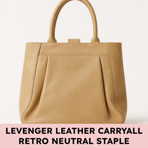 Levenger Leather Warm Beige Tote Bag Retro Minimalist Office Carryall - Picture 1 of 14